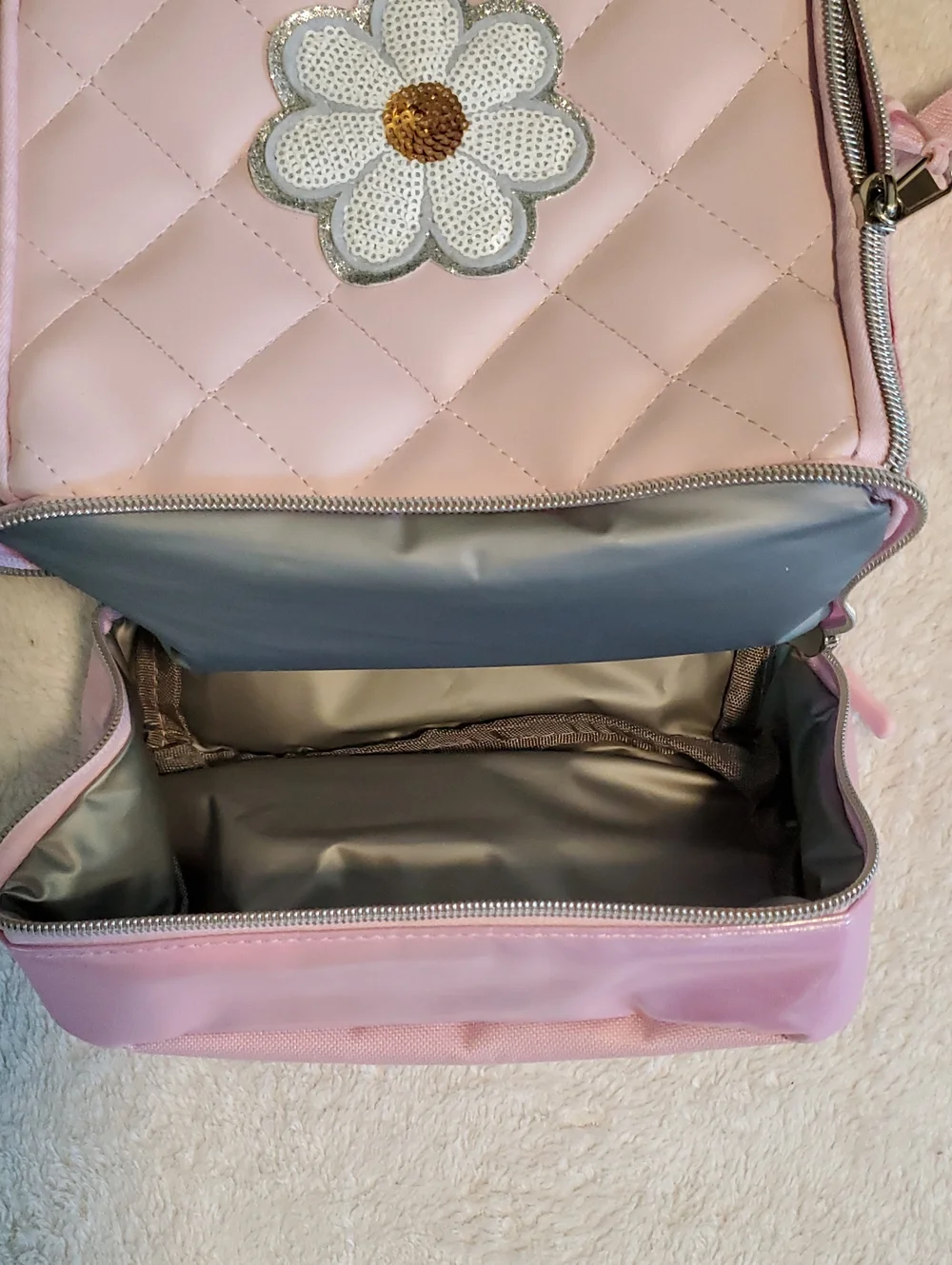 Lunchbox | Pink Quilted Crossbody with Daisy Accent